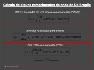 Calculo de alguns comprimentos de onda de De Broglie

            Elétrons acelerados em uma ampola com uma tensão V (Volts)

                                       150
                               lDB =       com λ DBem Angstrons
                                        V


                         Correções relativísticas para elétrons

           lDB =
                      150
                     V(eV)
                                                         
                           1  0,489  106  V(eV) com lDB em Angstrons


                          Para Prótons à uma tensão V(Volts)

                                  0,0851
                        lDB =            ( com lDB em Angstrons
                                                              )
                                     V

                                 lDB(eletrons) = 42lDB(prótons)

  marisac@pucsp.br
 
