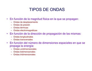TIPOS DE ONDAS
• En función de la magnitud física en la que se propagan:
– Ondas de desplazamiento
– Ondas de presión
– Ondas térmicas
– Ondas electromagnéticas
• En función de la dirección de propagación de las mismas:
– Ondas longitudinales
– Ondas transversales
• En función del número de dimensiones espaciales en que se
propaga la energía:
– Ondas unidimensionales
– Ondas bidimensionales
– Ondas tridimensionales
 