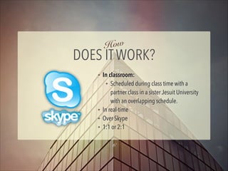 How

DOES IT WORK?
✦

✦
✦
✦

In classroom:
✦ Scheduled during class time with a
partner class in a sister Jesuit University
with an overlapping schedule.
In real-time
Over Skype
1:1 or 2:1
6

 