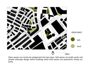 Open spaces can mainly be categorized into two types. Soft spaces are public parks and
private softscape design within buildings while hard spaces are pavements mostly car
parks.
Soft
Hard
OPEN SPACE
100m
 