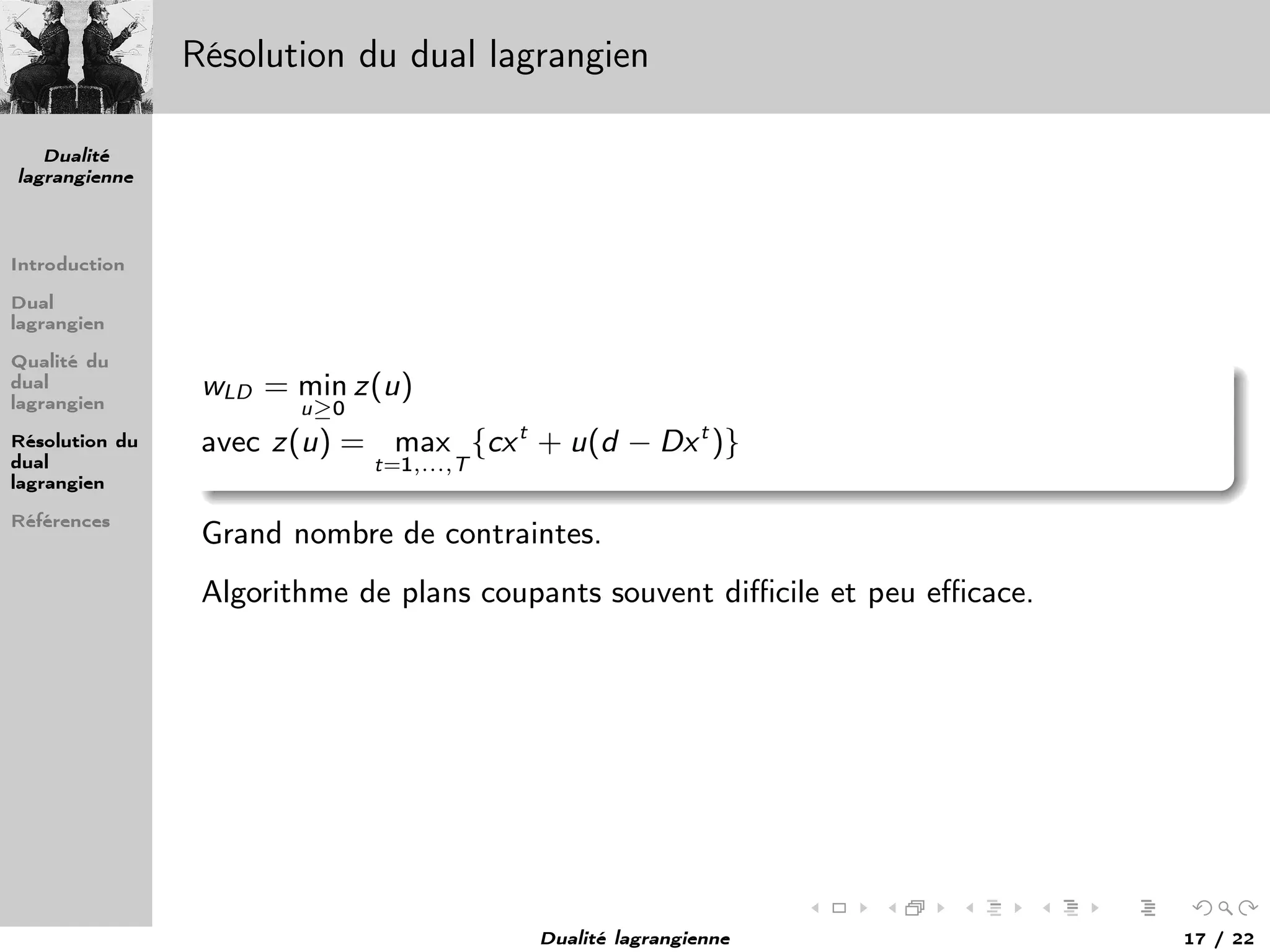 Dualité
lagrangienne
Introduction
Dual
lagrangien
Qualité du
dual
lagrangien
Résolution du
dual
lagrangien
Références
Résolution du dual lagrangien
wLD = min
u≥0
z(u)
avec z(u) = max
t=1,...,T
{cxt
+ u(d − Dxt
)}
Grand nombre de contraintes.
Algorithme de plans coupants souvent diﬃcile et peu eﬃcace.
Dualité lagrangienne 17 / 22
 