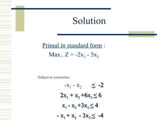 Solution Primal in standard form  : Max.. Z = -2x 2  - 5x 3 Subject to constraints: -x 1  - x 2  <   -2  2x 1  + x 2  +6x 3  <  6  x 1  - x 2  +3x 3  <  4  - x 1  + x 2  - 3x 3  <   -4  x 1 , x 2 , x 3  >  0 