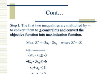 Cont… Step I: The first two inequalities are multiplied by –1 to convert them to  <  constraints and convert the objective function into maximization function. Max. Z’ = -3x 1  - 2x 2  where Z’= -Z  Subject to constraints: -3x 1  - x 2  <  -3  -4x 1  - 3x 2  <  -6 x 1  + x 2  <  3 x 1 , x 2  >  0 