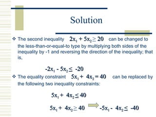 Solution The equality constraint  5x 1  +  4x 2  = 40   can be replaced by the following two inequality constraints: 5x 1  +  4x 2  <  40 5x 1  +  4x 2  >  40  -5x 1  -  4x 2  <   -40 The second inequality  2x 1  + 5x 2  >  20   can be changed to the less-than-or-equal-to type by multiplying both sides of the inequality by -1 and reversing the direction of the inequality; that is,  -2x 1  - 5x 2  <   -20 
