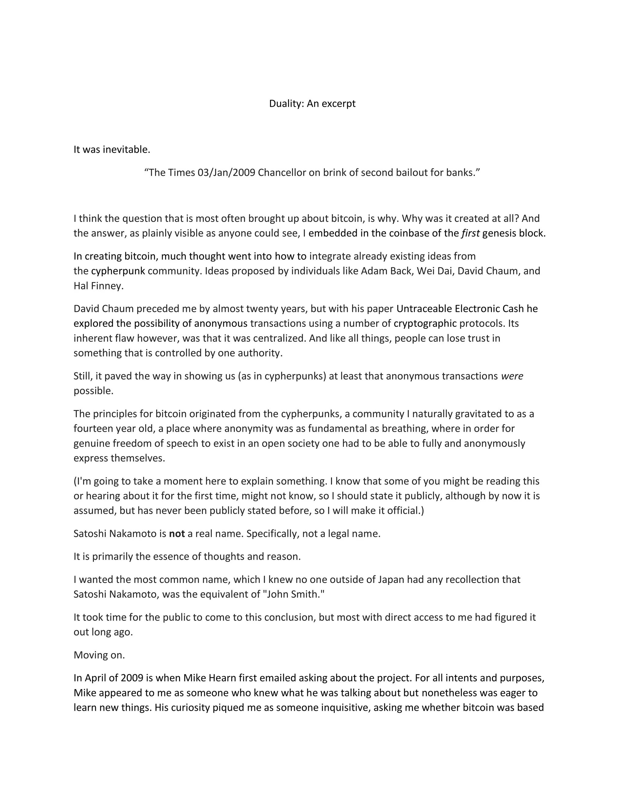 Duality: An excerpt. Satoshi Nakamoto | PDF