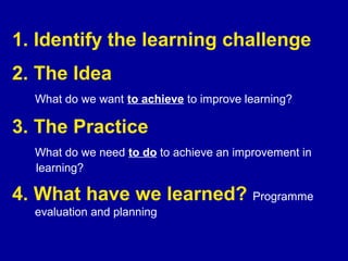 1. Identify the learning challenge
2. The Idea
What do we want to achieve to improve learning?

3. The Practice
What do we need to do to achieve an improvement in
learning?

4. What have we learned? Programme
evaluation and planning

 