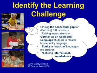 Identify the Learning
Challenge
David

•

Closing the conceptual gap for
(German) EAL students
•
Raising expectations for
German as an Additional
Language students to master
host-country language
•
Equity in respect of languages
and cultures
•
Nurturing internationalmindedness
David Gatley‘s vision:
ISS Director 2001-2006

 