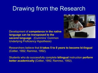 Drawing from the Research

Development of competence in the native
language can be transposed to the
second language (Cummins’ Common
Underlying Proficiency Hypothesis)
Researchers believe that it takes 5 to 8 years to become bi-lingual
(Collier, 1992; Ramirez, 1992).
Students who do successfully complete bilingual instruction perform
better academically (Collier, 1992; Ramirez, 1992).

 