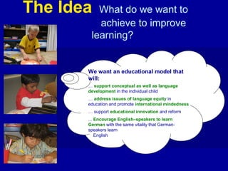The Idea

What do we want to
achieve to improve
learning?

We want an educational model that
will:
… support conceptual as well as language
development in the individual child
… address issues of language equity in
education and promote international mindedness
… support educational innovation and reform
... Encourage English–speakers to learn
German with the same vitality that Germanspeakers learn
English

 