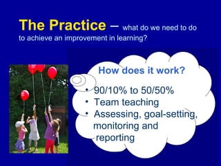 The Practice – what do we need to do
to achieve an improvement in learning?

How does it work?
• 90/10% to 50/50%
• Team teaching
• Assessing, goal-setting,
monitoring and
reporting

 