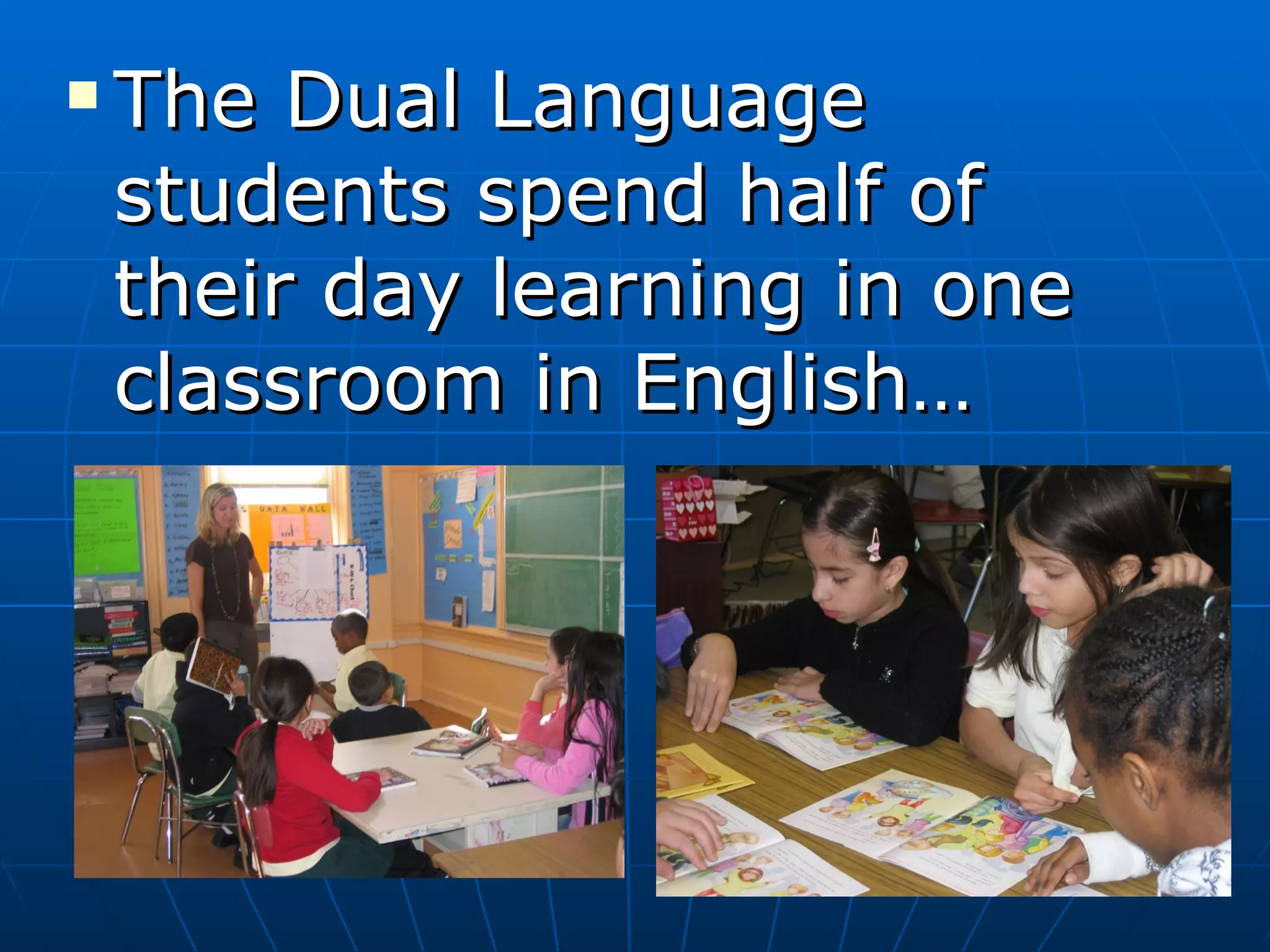 The Dual Language students spend half of their day learning in one classroom in English… 