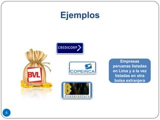Ejemplos




                   Empresas
               peruanas listadas
               en Lima y a la vez
                listadas en otra
                bolsa extranjera




6
 