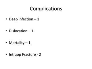Complications
• Deep infection – 1
• Dislocation – 1
• Mortality – 1
• Intraop Fracture - 2
 