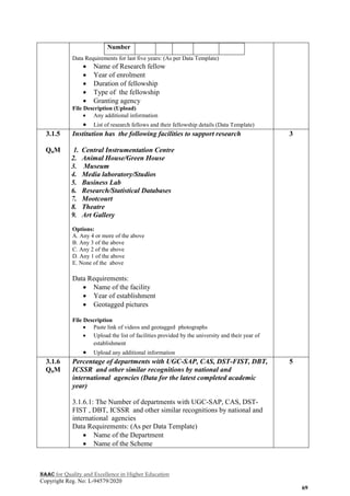 NAAC for Quality and Excellence in Higher Education
Copyright Reg. No: L-94579/2020
69
Number
Data Requirements for last five years: (As per Data Template)
 Name of Research fellow
 Year of enrolment
 Duration of fellowship
 Type of the fellowship
 Granting agency
File Description (Upload)
 Any additional information
 List of research fellows and their fellowship details (Data Template)
3.1.5
QnM
Institution has the following facilities to support research
1. Central Instrumentation Centre
2. Animal House/Green House
3. Museum
4. Media laboratory/Studios
5. Business Lab
6. Research/Statistical Databases
7. Mootcourt
8. Theatre
9. Art Gallery
Options:
A. Any 4 or more of the above
B. Any 3 of the above
C. Any 2 of the above
D. Any 1 of the above
E. None of the above
Data Requirements:
 Name of the facility
 Year of establishment
 Geotagged pictures
File Description
 Paste link of videos and geotagged photographs
 Upload the list of facilities provided by the university and their year of
establishment
 Upload any additional information
3
3.1.6
QnM
Percentage of departments with UGC-SAP, CAS, DST-FIST, DBT,
ICSSR and other similar recognitions by national and
international agencies (Data for the latest completed academic
year)
3.1.6.1: The Number of departments with UGC-SAP, CAS, DST-
FIST , DBT, ICSSR and other similar recognitions by national and
international agencies
Data Requirements: (As per Data Template)
 Name of the Department
 Name of the Scheme
5
 