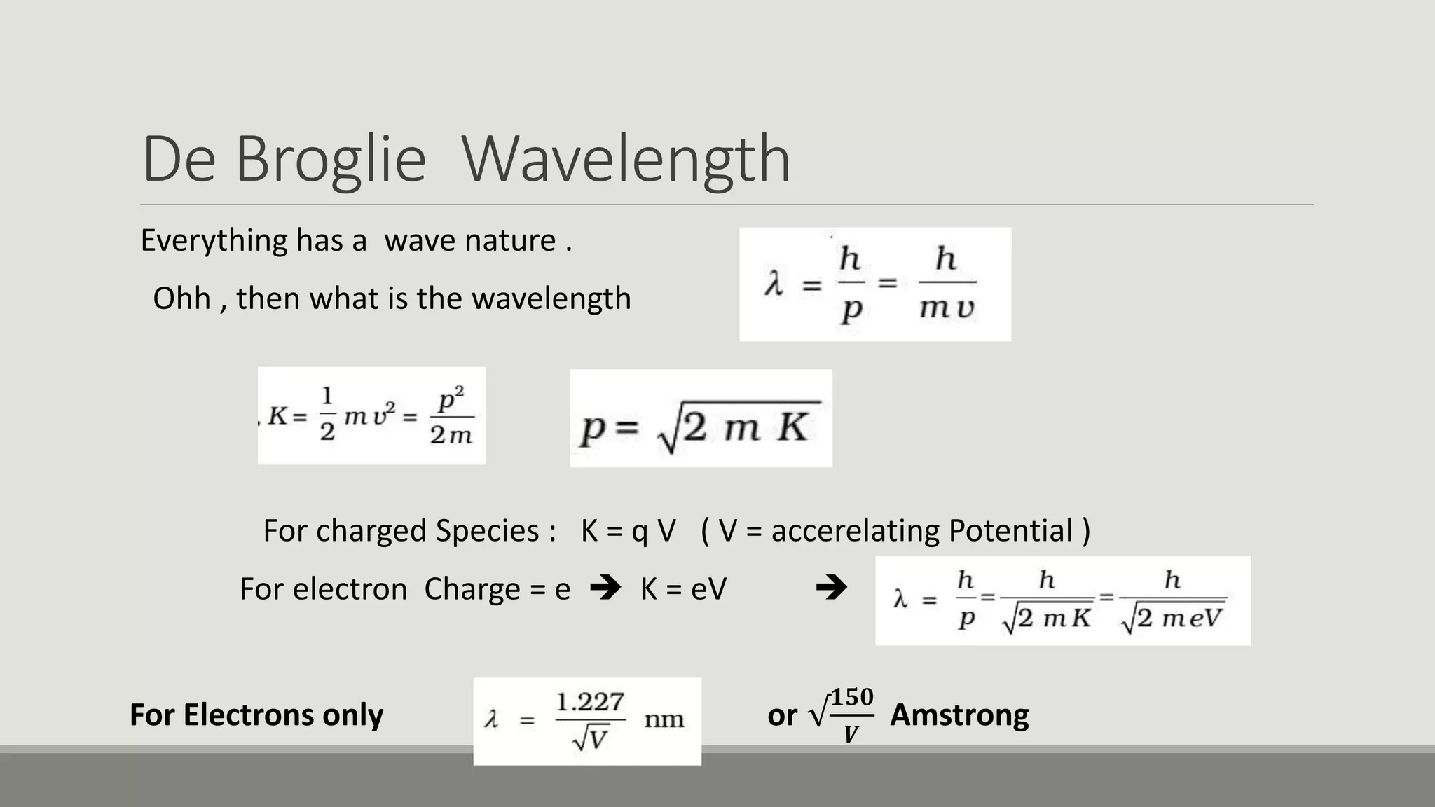 De Broglie Wavelength
Everything has a wave nature .
Ohh , then what is the wavelength
For charged Species : K = q V ( V = accerelating Potential )
For electron Charge = e  K = eV 
For Electrons only or √
𝟏𝟓𝟎
𝑽
Amstrong
 