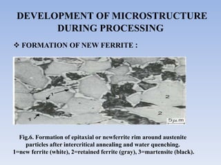 DEVELOPMENT OF MICROSTRUCTURE
DURING PROCESSING
 FORMATION OF NEW FERRITE :
Fig.6. Formation of epitaxial or newferrite rim around austenite
particles after intercritical annealing and water quenching.
1=new ferrite (white), 2=retained ferrite (gray), 3=martensite (black).
 