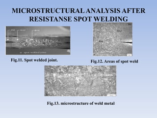 MICROSTRUCTURALANALYSIS AFTER
RESISTANSE SPOT WELDING
Fig.11. Spot welded joint. Fig.12. Areas of spot weld
Fig.13. microstructure of weld metal
 