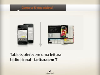 Como se lê nos tablets?
Tablets oferecem uma leitura
bidirecional - Leitura em T
 