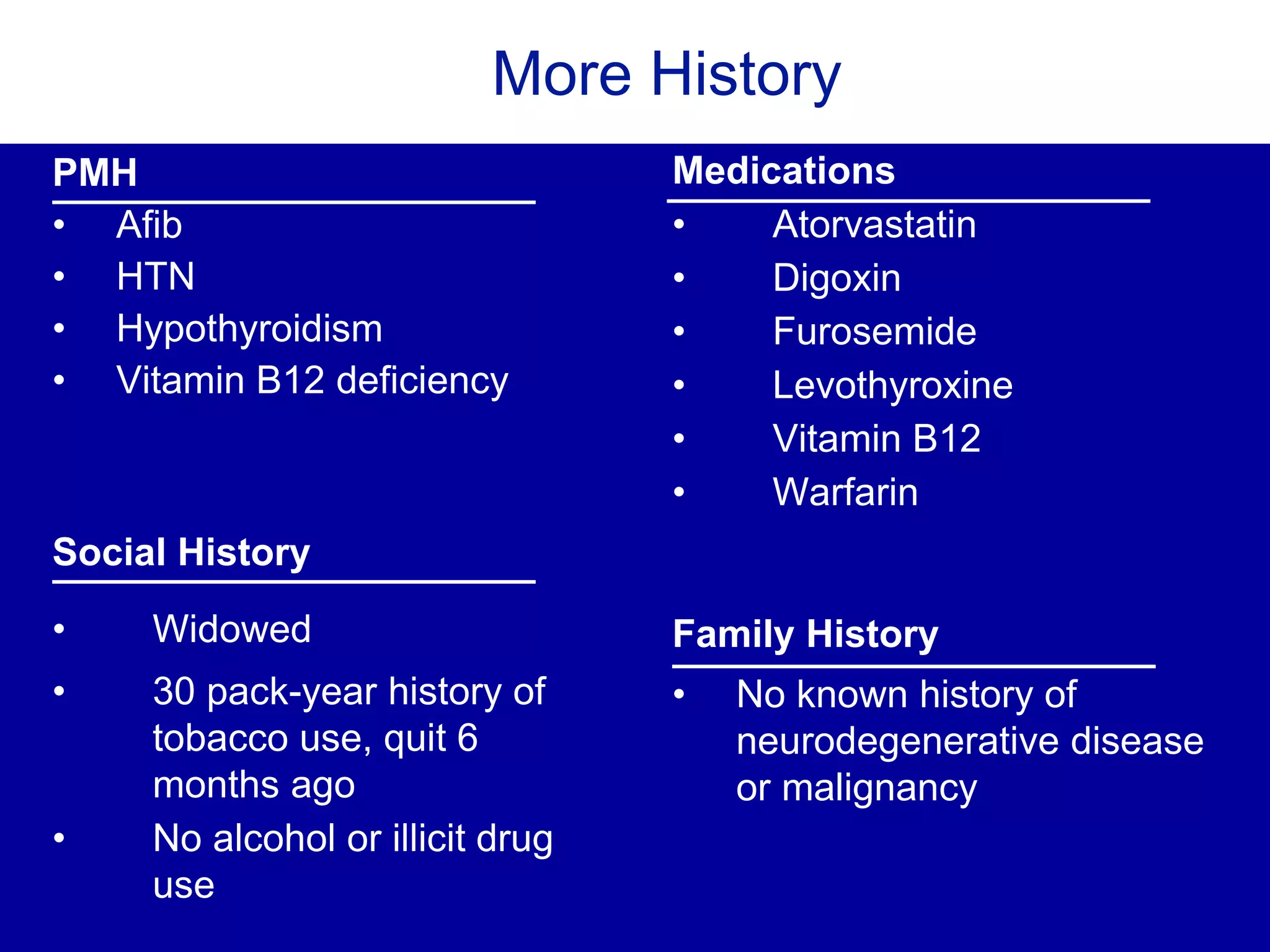 More HistoryMore History
Medications
• Atorvastatin
• Digoxin
• Furosemide
• Levothyroxine
• Vitamin B12
• Warfarin
Family History
• No known history of
neurodegenerative disease
or malignancy
PMH
• Afib
• HTN
• Hypothyroidism
• Vitamin B12 deficiency
Social History
• Widowed
• 30 pack-year history of
tobacco use, quit 6
months ago
• No alcohol or illicit drug
use
 