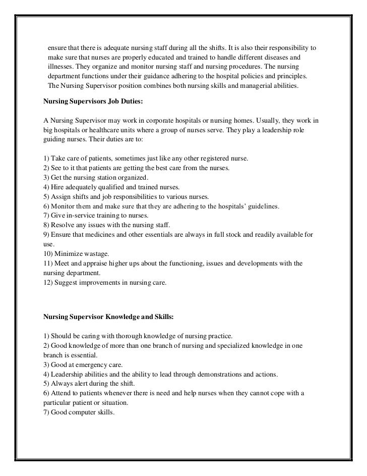 concept of faculty supervisor in nursing nursing supervisor job description