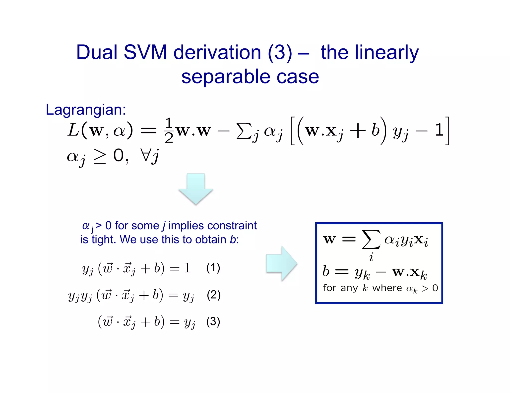 Dual SVM derivation (3) – the linearly
separable case
Lagrangian:
αj > 0 for some j implies constraint
is tight. We use this to obtain b:
(1)
(2)
(3)
 