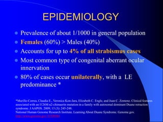 EPIDEMIOLOGY
 Prevalence of about 1/1000 in general population
 Females (60%) > Males (40%)
 Accounts for up to 4% of all strabismus cases
 Most common type of congenital aberrant ocular
innervation
 80% of cases occur unilaterally, with a LE
predominance *
*Murillo-Correa, Claudia E., Veronica Kon-Jara, Elizabeth C. Engle, and Juan C. Zenteno. Clinical features
associated with an I126M α2-chimaerin mutation in a family with autosomal dominant Duane retraction
syndrome. J AAPOS. 2009; 13 (3): 245-248.
National Human Genome Research Institute. Learning About Duane Syndrome. Genome.gov.
http://www.genome.gov/11508984
 