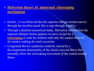  Helveston theory of abnormal telescoping
mechanism
 Earlier , it was believed that the superior oblique tendon moves
through the trochlea much like a rope through a pulley.
 Through a detailed anatomical study, Helveston showed that the
superior oblique tendon appears to move in part by a
telescoping or slide-by fashion with only the central fibers of
the tendon making the total excursion
 Congenital Brown syndrome could be caused by a
developmental abnormality of the elastic-crossed fibers that
normally allow the telescoping movement of the central tendon
fibers.
 