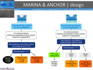 MARINA & ANCHOR | design Ranibizumab 0,3 mg n=238 Ranibizumab 0,5 mg n=240 Néovaisseaux choro ïdiens  mixtes ou occultes purs (n=716) Randomisation 1:1:1 Recrutement des patients par les investigateurs Injection  simulée n=238 Sham PDT 0,3 mg Ranibizumab n=140 0,5 mg Ranibizumab n=140 Sham PDT Injection simulée n=143 Néovaisseaux choro ïdiens  à prédominance visible (n=423) Un centre de lecture confirme la possibilité d’inclure suivant  l’aspect en angiographie Recrutement des patients par les investigateurs Un centre de lecture confirme la possibilité d’inclure suivant  l’aspect en angiographie Randomisation 1:1:1 PDT avec vertéporfine Rosenfeld PJ & al | Brown DM & al. N Engl J Med. 2006;355(14):1419-44 
