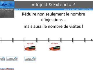 « Inject & Extend » ? Réduire non seulement le nombre d’injections… mais aussi le nombre de visites ! Spaide R. AJO 2007; 143(4):679-80 +6 sem. +8 sem. 