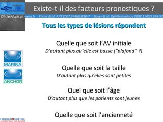 Existe-t-il des facteurs pronostiques ? Tous les types de lésions répondent Quelle que soit l’AV initiale D’autant plus qu’elle est basse (“plafond” ?) Quelle que soit la taille D’autant plus qu’elles sont petites Quel que soit l’âge D’autant plus que les patients sont jeunes Quelle que soit l’ancienneté Boyer & al. Ophthalmology 2007;114(2):246-52 Kaiser & al. AJO 2007;144(6):850-7 