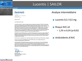 Lucentis | SAILOR Analyse intermédiaire Lucentis 0,3 / 0,5 mg Risque AVC x4 1,2% vs 0,3% (p=0,02) Antécédents d’AVC 
