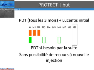 PROTECT | but PDT (tous les 3 mois) + Lucentis initial PDT si besoin par la suite Sans possibilité de recours à nouvelle injection M1 M2 M3 M4 M5 M6 M7 M8 M9 0 
