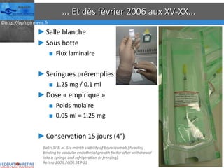... Et dès février 2006 aux XV-XX... Salle blanche Sous hotte Flux laminaire Seringues préremplies 1.25 mg / 0.1 ml Dose « empirique » Poids molaire 0.05 ml = 1.25 mg Conservation 15 jours (4°) Bakri SJ & al.  Six-month stability of bevacizumab (Avastin) binding to vascular endothelial growth factor after withdrawal into a syringe and refrigeration or freezing). Retina 2006;26(5):519-22 