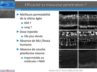 Efficacité vs mauvaise pénétration ? Meilleure perméabilité de la rétine âgée DSR ? sang ? Dose injectée 50x plus élevée Absence de MLI /fovea humaine Absence de couche plexiforme interne Imperméable au molécules >76kD Shahar R & al. Retina 2006;26:262-269  