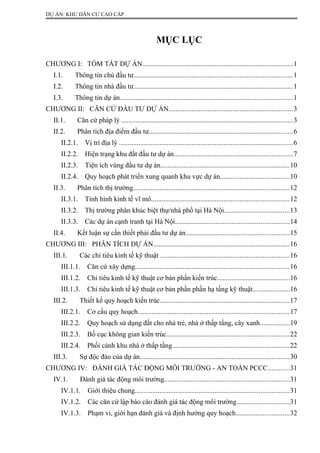DỰ ÁN: KHU DÂN CƯ CAO CẤP
MỤC LỤC
CHƯƠNG I: TÓM TẮT DỰ ÁN.....................................................................................1
I.1. Thông tin chủ đầu tư..........................................................................................1
I.2. Thông tin nhà đầu tư..........................................................................................1
I.3. Thông tin dự án.................................................................................................1
CHƯƠNG II: CĂN CỨ ĐẦU TƯ DỰ ÁN......................................................................3
II.1. Căn cứ pháp lý ................................................................................................3
II.2. Phân tích địa điểm đầu tư.................................................................................6
II.2.1. Vị trí địa lý ..................................................................................................6
II.2.2. Hiện trạng khu đất đầu tư dự án...................................................................7
II.2.3. Tiện ích vùng đầu tư dự án.........................................................................10
II.2.4. Quy hoạch phát triển xung quanh khu vực dự án.......................................10
II.3. Phân tích thị trường........................................................................................12
II.3.1. Tình hình kinh tế vĩ mô..............................................................................12
II.3.2. Thị trường phân khúc biệt thự/nhà phố tại Hà Nội.....................................13
II.3.3. Các dự án cạnh tranh tại Hà Nội................................................................14
II.4. Kết luận sự cần thiết phải đầu tư dự án..........................................................15
CHƯƠNG III: PHÂN TÍCH DỰ ÁN.............................................................................16
III.1. Các chỉ tiêu kinh tế kỹ thuật .........................................................................16
III.1.1. Căn cứ xây dựng.......................................................................................16
III.1.2. Chỉ tiêu kinh tế kỹ thuật cơ bản phần kiến trúc.........................................16
III.1.3. Chỉ tiêu kinh tế kỹ thuật cơ bản phần phần hạ tầng kỹ thuật.....................16
III.2. Thiết kế quy hoạch kiến trúc.........................................................................17
III.2.1. Cơ cấu quy hoạch.....................................................................................17
III.2.2. Quy hoạch sử dụng đất cho nhà trẻ, nhà ở thấp tầng, cây xanh................19
III.2.3. Bố cục không gian kiến trúc.....................................................................22
III.2.4. Phối cảnh khu nhà ở thấp tầng..................................................................22
III.3. Sự độc đáo của dự án....................................................................................30
CHƯƠNG IV: ĐÁNH GIÁ TÁC ĐỘNG MÔI TRƯỜNG - AN TOÀN PCCC............31
IV.1. Đánh giá tác động môi trường......................................................................31
IV.1.1. Giới thiệu chung.......................................................................................31
IV.1.2. Các căn cứ lập báo cáo đánh giá tác động môi trường..............................31
IV.1.3. Phạm vi, giới hạn đánh giá và định hướng quy hoạch..............................32
 