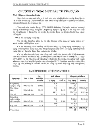 DỰ ÁN: KHU DÂN CƯ CAO CẤP CITYLAND MỄ TRÌ
CHƯƠNG VI: TỔNG MỨC ĐẦU TƯ CỦA DỰ ÁN
VI.1. Nội dung tổng mức đầu tư
Mục đích của tổng mức đầu tư là tính toán toàn bộ chi phí đầu tư xây dựng Dự án
“Khu dân cư cao cấp Cityland Mễ Trì” làm cơ sở để lập kế hoạch và quản lý vốn đầu tư,
xác định hiệu quả đầu tư của dự án.
- Tổng mức đầu tư của dự án: 2.338.300.000.000 đồng (Hai ngàn ba trăm ba mươi
tám tỷ ba trăm triệu đồng) bao gồm: Chi phí xây dựng và lắp đặt, Chi phí máy móc thiết
bị; Chi phí quản lý dự án; Chi phí tư vấn đầu tư xây dựng, các khoản chi phí khác và dự
phòng phí.
 Chi phí xây dựng và lắp đặt
Chi phí xây dựng bao gồm: chi phí xây dựng cơ sở hạ tầng, xây dựng nhà ở, cây
xanh, nhà trẻ và bãi giữ xe ngầm.
Chi phí xây dựng cơ sở hạ tầng: san lắp mặt bằng, xây dựng mạng lưới đường, xây
dựng hệ thống thoát nước mưa, xây dựng mạng lưới cấp nước, xây dựng hệ thống thoát
nước thải, xây dựng hệ thống điện và thông tin liên lạc.
Chi phí xây dựng các hạng mục công trình chính như nhà trẻ, nhà ở biệt thự được
tính theo suất vốn đầu tư của Bộ Xây Dựng năm 2014 (Quyết định số 634/QĐ-BXD ngày
09/06/2014 của Bộ Xây dựng về việc công bố Suất vốn đầu tư xây dựng công trình và giá
xây dựng tổng hợp bộ phận kết cấu công trình năm 2013). Ngoài ra, suất đầu tư tầng hầm
được lập trên phương án thiết kế và chi phí trồng cây xanh được cập nhật theo giá thị
trường.
BẢNG TÍNH CHI PHÍ XÂY DỰNG VÀ THIẾT BỊ
Hạng mục Đơn vị tính
Quy
mô/Diện
tích sàn
Suất đầu tư Tổng chi phí đầu tư
Xây dựng Thiết bị Xây dựng Thiết bị
Chi phí xây
dựng hạ tầng 1000đ/m2 đất 60,000
1,20
0
72,000,0
00
Nhà ở thấp
tầng 1000đ/m2 sàn 80,446
8,16
0 2,448
656,439,3
60
196,931,80
8
Nhà trẻ 1000đ/học sinh 500
44,15
0 3,970
22,075,0
00
1,985,00
0
Bãi giữ xe
ngầm và khu
dịch vụ ngầm 1000đ/m2 sàn 1,500
5,00
0 1,500
7,500,0
00
2,250,00
0
Cây xanh 1000đ/m2 sàn 7,426
1,00
0
7,426,0
00 -
Tổng cộng
765,440,3
60
201,166,80
8
Trang 41
 