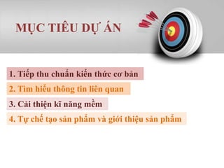 MỤC TIÊU DỰ ÁN

1. Tiếp thu chuẩn kiến thức cơ bản
2. Tìm hiểu thông tin liên quan
3. Cải thiện kĩ năng mềm

4. Tự chế tạo sản phẩm và giới thiệu sản phẩm

 
