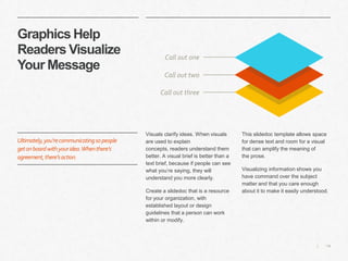 14|
Graphics Help
Readers Visualize
Your Message
​Visuals clarify ideas. When visuals
are used to explain
concepts, readers understand them
better. A visual brief is better than a
text brief, because if people can see
what you’re saying, they will
understand you more clearly.
​Create a slidedoc that is a resource
for your organization, with
established layout or design
guidelines that a person can work
within or modify.
​This slidedoc template allows space
for dense text and room for a visual
that can amplify the meaning of
the prose.
​Visualizing information shows you
have command over the subject
matter and that you care enough
about it to make it easily understood.
Ultimately,you’recommunicatingsopeople
getonboardwithyouridea.Whenthere’s
agreement,there’saction.
​Call out one
​Call out two
​Call out three
 