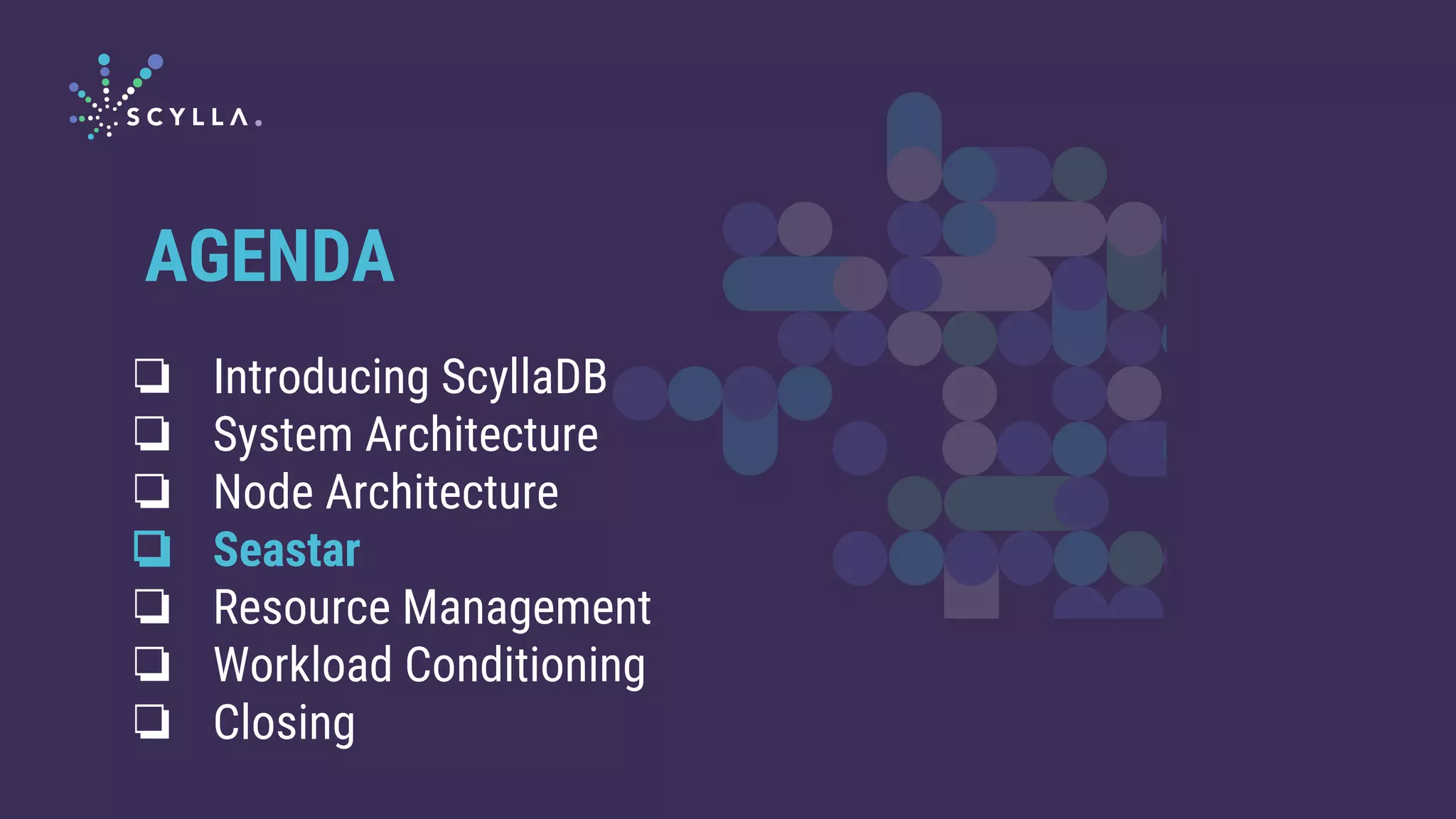 ❏ Introducing ScyllaDB
❏ System Architecture
❏ Node Architecture
❏ Seastar
❏ Resource Management
❏ Workload Conditioning
❏ Closing
AGENDA
 