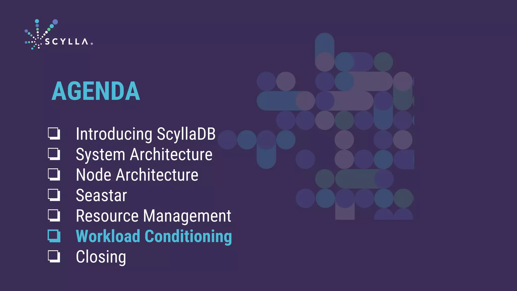 ❏ Introducing ScyllaDB
❏ System Architecture
❏ Node Architecture
❏ Seastar
❏ Resource Management
❏ Workload Conditioning
❏ Closing
AGENDA
 