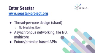 Enter Seastar
www.seastar-project.org
● Thread-per-core design (shard)
○ No blocking. Ever.
● Asynchronous networking, file I/O,
multicore
● Future/promise based APIs
 