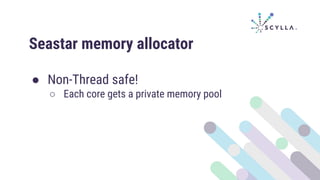 Seastar memory allocator
● Non-Thread safe!
○ Each core gets a private memory pool
 