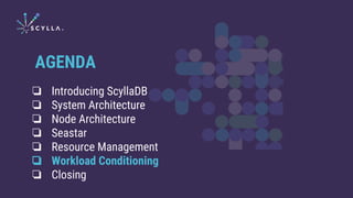 ❏ Introducing ScyllaDB
❏ System Architecture
❏ Node Architecture
❏ Seastar
❏ Resource Management
❏ Workload Conditioning
❏ Closing
AGENDA
 