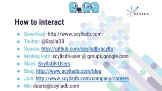 ● Download: http://www.scylladb.com
● Twitter: @ScyllaDB
● Source: http://github.com/scylladb/scylla
● Mailing lists: scylladb-user @ groups.google.com
● Slack: ScyllaDB-Users
● Blog: http://www.scylladb.com/blog
● Join: http://www.scylladb.com/company/careers
● Me: duarte@scylladb.com
How to interact
 