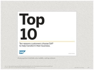 ​Front page has a bold title, clear subtitle, and logo element.

​Source: http://global.sap.com/netherlands/about/pdfs/2011-02_TenReasonsCustomersChooseSAP.pdf
© 2014. SAP AG or an SAP affiliate company. All rights reserved.

© Duarte, Inc. 2014

100

 