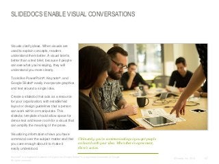 SLIDEDOCS ENABLE VISUAL CONVERSATIONS

​Visuals clarify ideas. When visuals are
used to explain concepts, readers
understand them better. A visual brief is
better than a text brief, because if people
can see what you’re saying, they will
understand you more clearly.
​Tools like PowerPoint®, Keynote®, and
Google Slides® easily incorporate graphics
and text around a single idea.

​Create a slidedoc that acts as a resource
for your organization, with established
layout or design guidelines that a person
can work within or manipulate. This
slidedoc template should allow space for
dense text and leave room for a visual that
can amplify the meaning of the prose.
​Visualizing information shows you have
command over the subject matter and that
you care enough about it to make it
easily understood.

Ultimately, you’re communicating so you get people
on board with your idea. When there’s agreement,
there’s action.

​Keynote® is a registered trademark of Apple Inc. Google Slides ® is a registered trademark of Google.
All rights reserved.

© Duarte, Inc. 2014

107

 