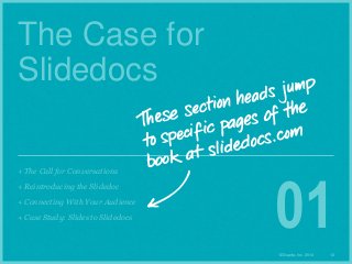 The Case for
Slidedocs
+ The Call for Conversations
+ Reintroducing the Slidedoc
+ Connecting With Your Audience
+ Case Study: Slides to Slidedocs

01
© Duarte, Inc. 2014

12

 