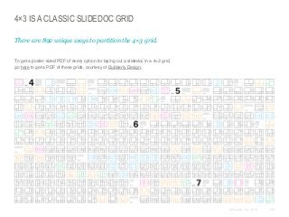 4×3 IS A CLASSIC SLIDEDOC GRID
There are 892 unique ways to partition the 4×3 grid.

​To get a poster-sized PDF of every option for laying out a slidedoc in a 4×3 grid,
go here to get a PDF of these grids, courtesy of Dubberly Design.

© Duarte, Inc. 2014

126

 