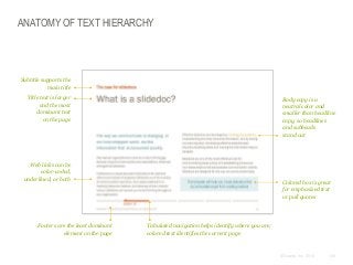 ANATOMY OF TEXT HIERARCHY

Subtitle supports the
main title
Title text is larger
and the most
dominant text
on the page

Body copy is a
neutral color and
smaller than headline
copy, so headlines
and subheads
stand out

Web links can be
color-coded,
underlined, or both

Footers are the least dominant
element on the page

Colored box is great
for emphasized text
or pull quotes

Tabulated navigation helps identify where you are;
colored text identifies the current page

© Duarte, Inc. 2014

138

 