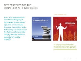BEST PRACTICES FOR THE
VISUAL DISPLAY OF INFORMATION
 BUY ON AMAZON.COM

​For a more exhaustive look
into the visual display of
information in presentation
software, we recommend
these two presentation books.
Both convey the business case
for design, explain powerful
design principles, and have
pages full of inspiring
examples.
Factoid: Garr talked me into writing
my first book. As a tribute to him, I used
his silhouette on the cover of Slide:ology.

© Duarte, Inc. 2014

142

 